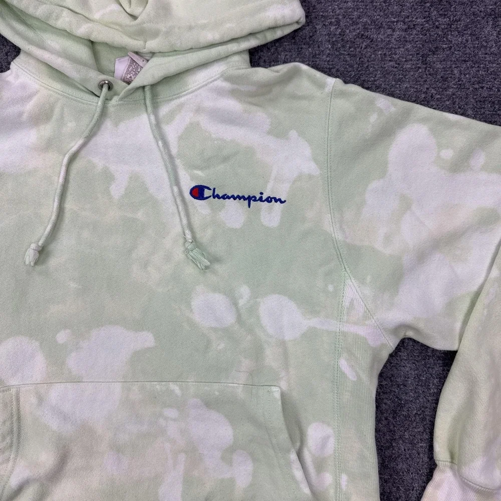 Champion Reverse Weave Hoodie Mens Small Green Bleach Dye Fleece Pullover